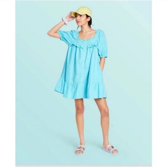 Stoney Clover Lane x Target Sky Blue Linen-Blend Puff-Sleeve Ruffle Dress - Picture 1 of 7